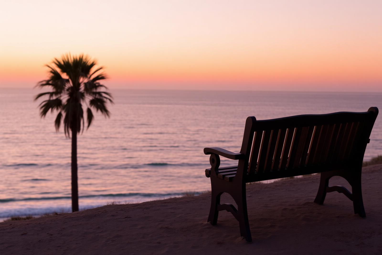 Empty wooden bench on a quiet San Diego bluff overlooking the Pacific at sunset, palm silhouette nearby