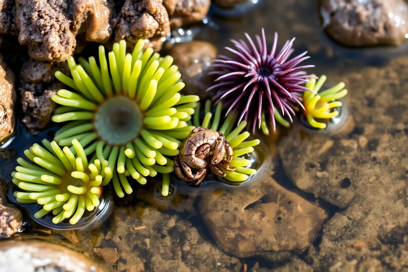 Anemones, a hermit crab, and a purple urchin in a clear San Diego tidepool at low tide